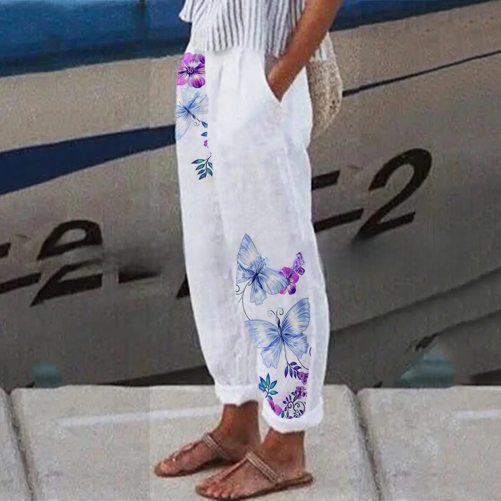 White Retro Printed Wide Leg Pants for Women Summer - Image 44