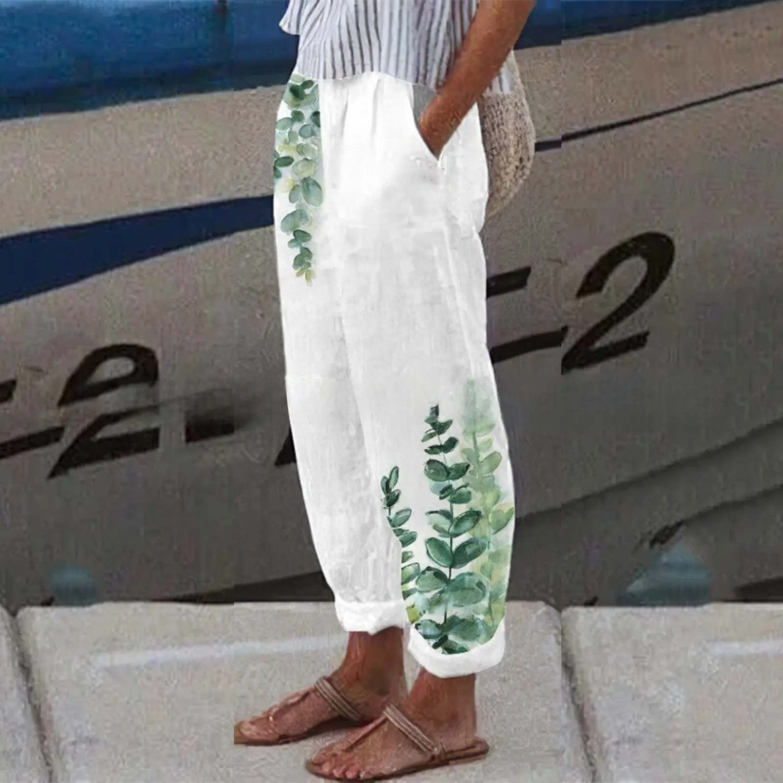 White Retro Printed Wide Leg Pants for Women Summer - Image 52
