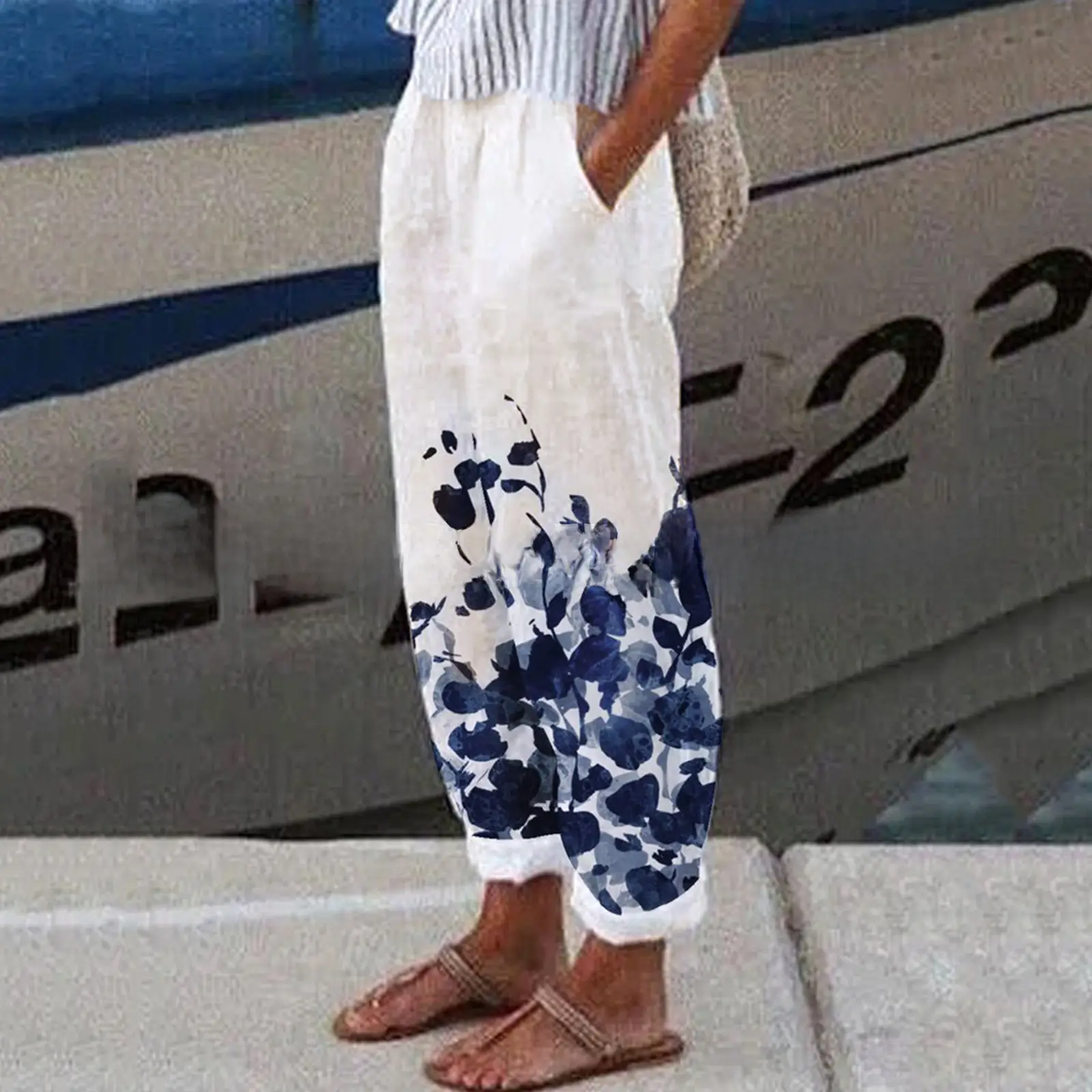 White Retro Printed Wide Leg Pants for Women Summer - Image 7