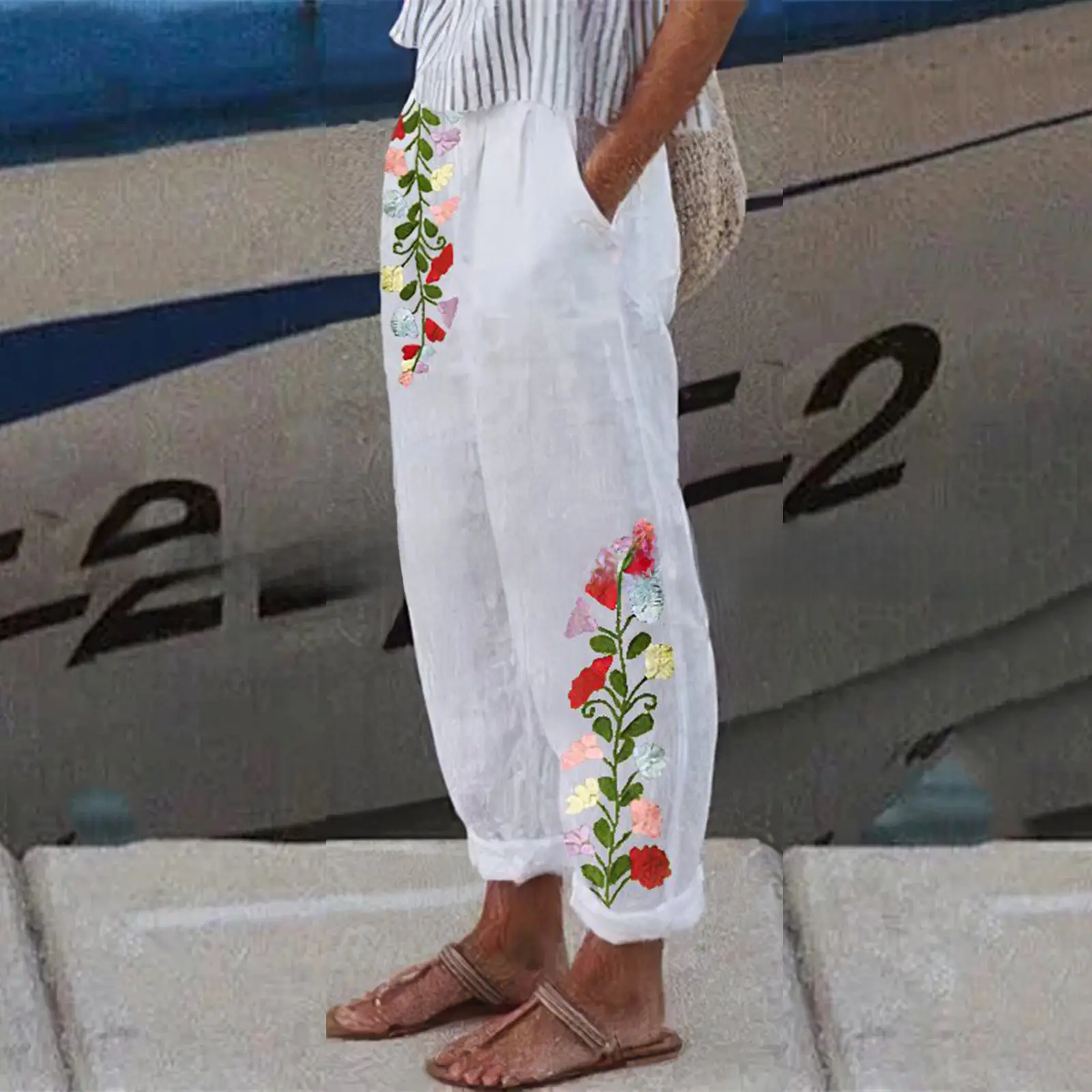 White Retro Printed Wide Leg Pants for Women Summer - Image 71