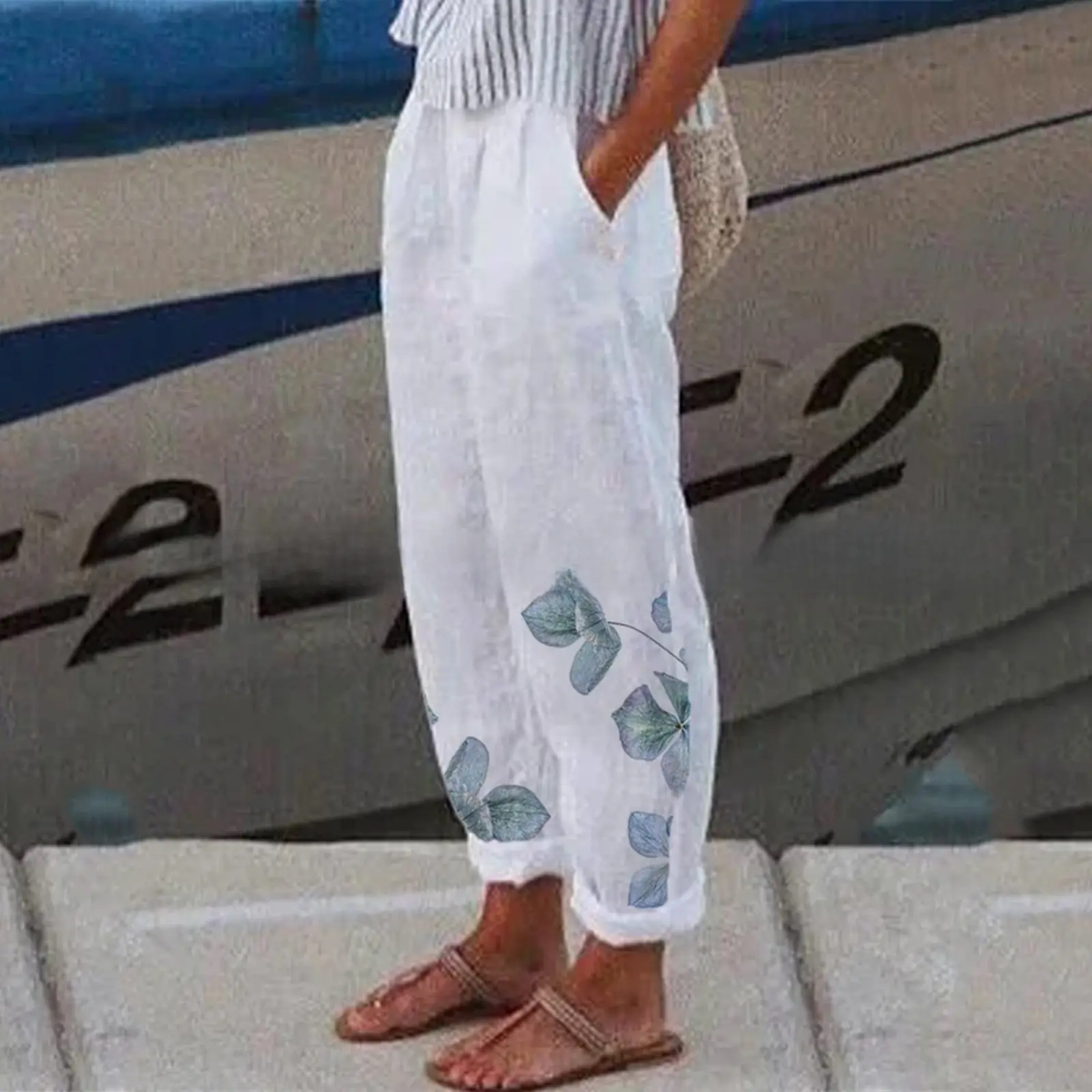 White Retro Printed Wide Leg Pants for Women Summer - Image 87