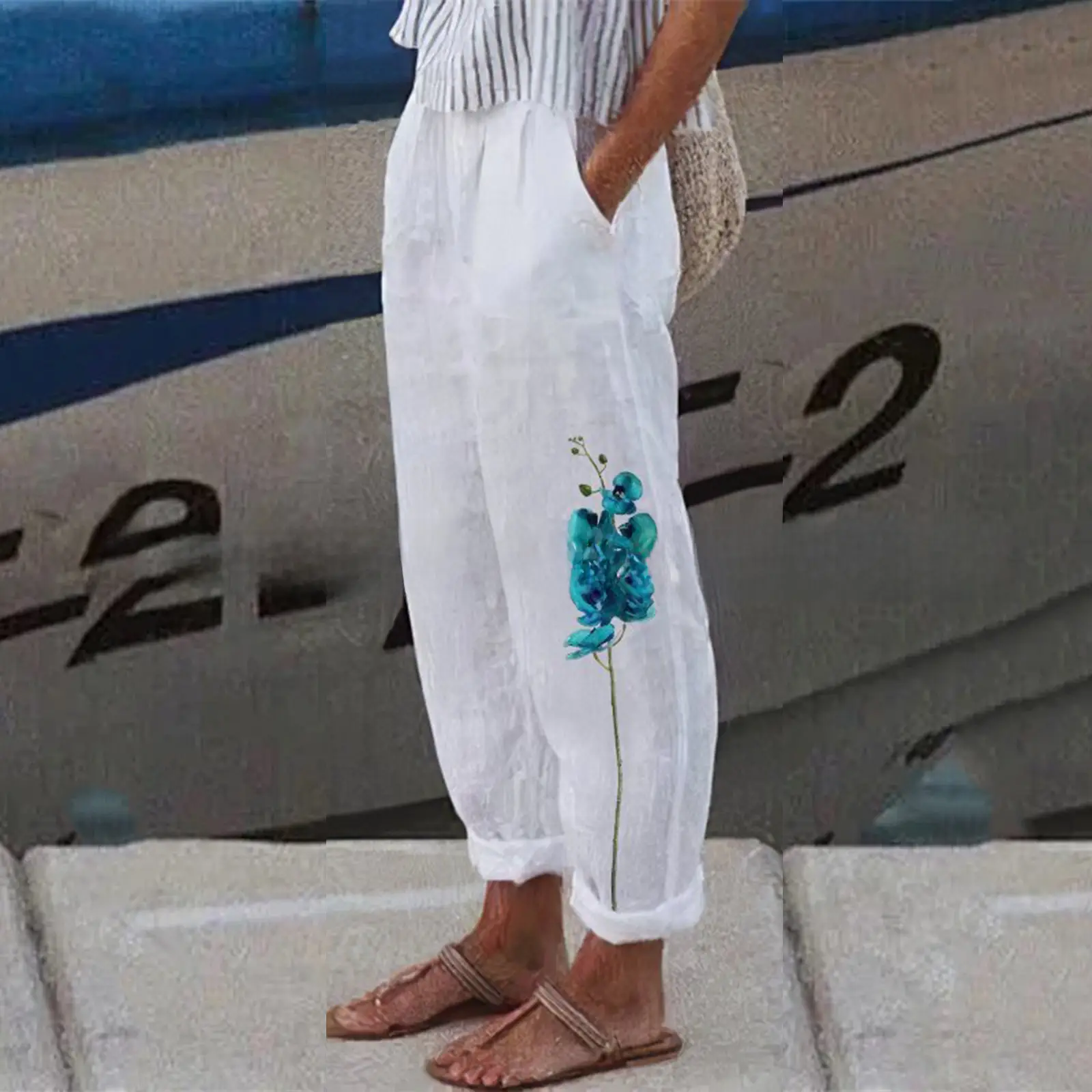 White Retro Printed Wide Leg Pants for Women Summer - Image 95
