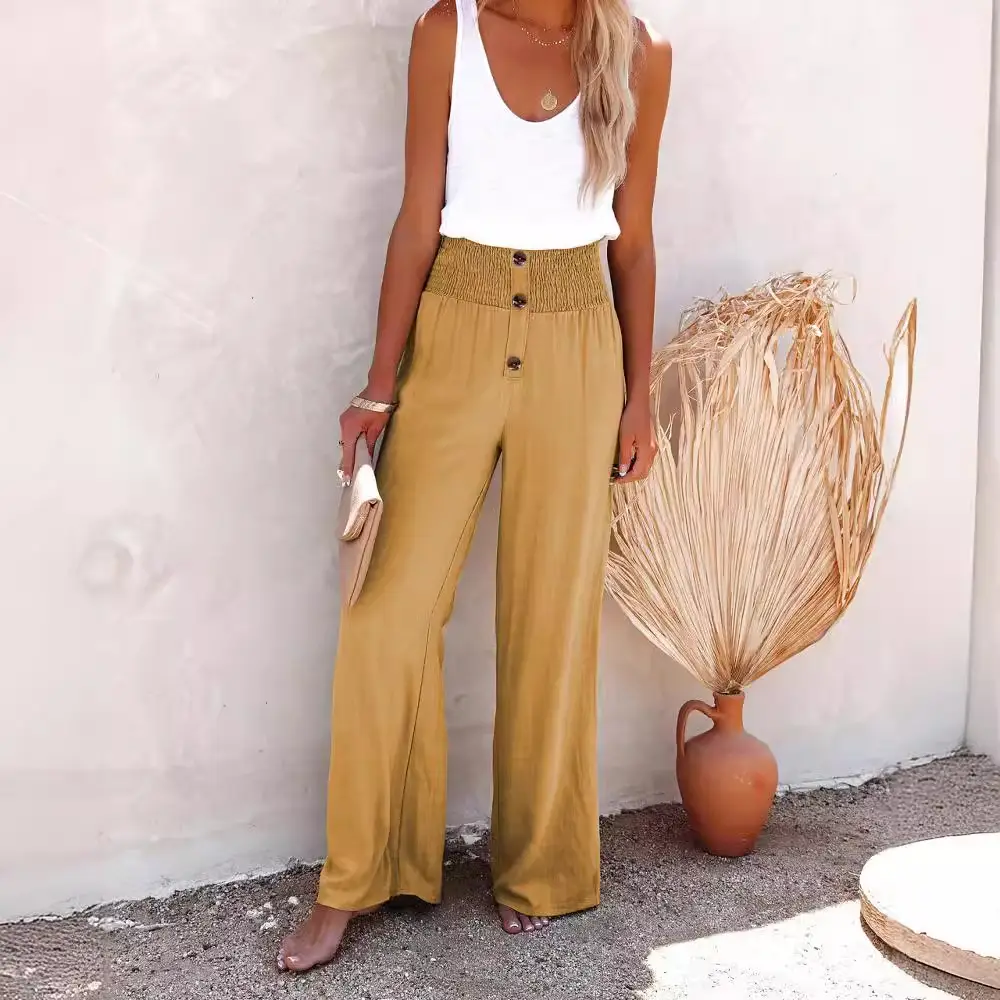 Women Button Wide Leg Pants Black Casual 2022 - Image 8