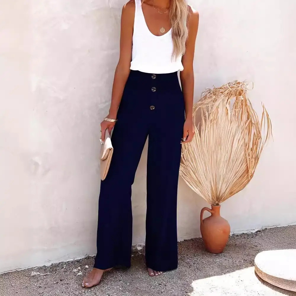 Women Button Wide Leg Pants Black Casual 2022 - Image 9