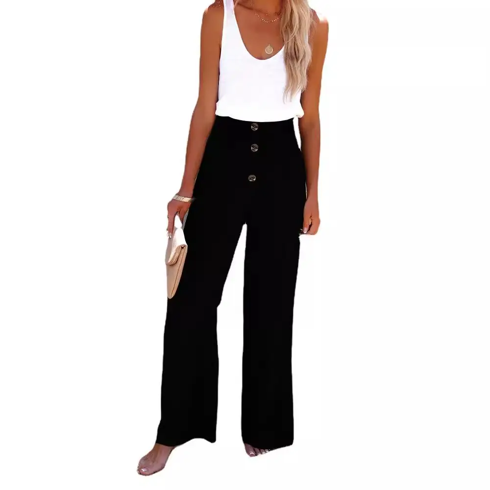 Women Button Wide Leg Pants Black Casual 2022 - Image 11