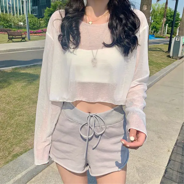 Women Ice Silk Sunscreen Top Short High Waist Navel - Image 3