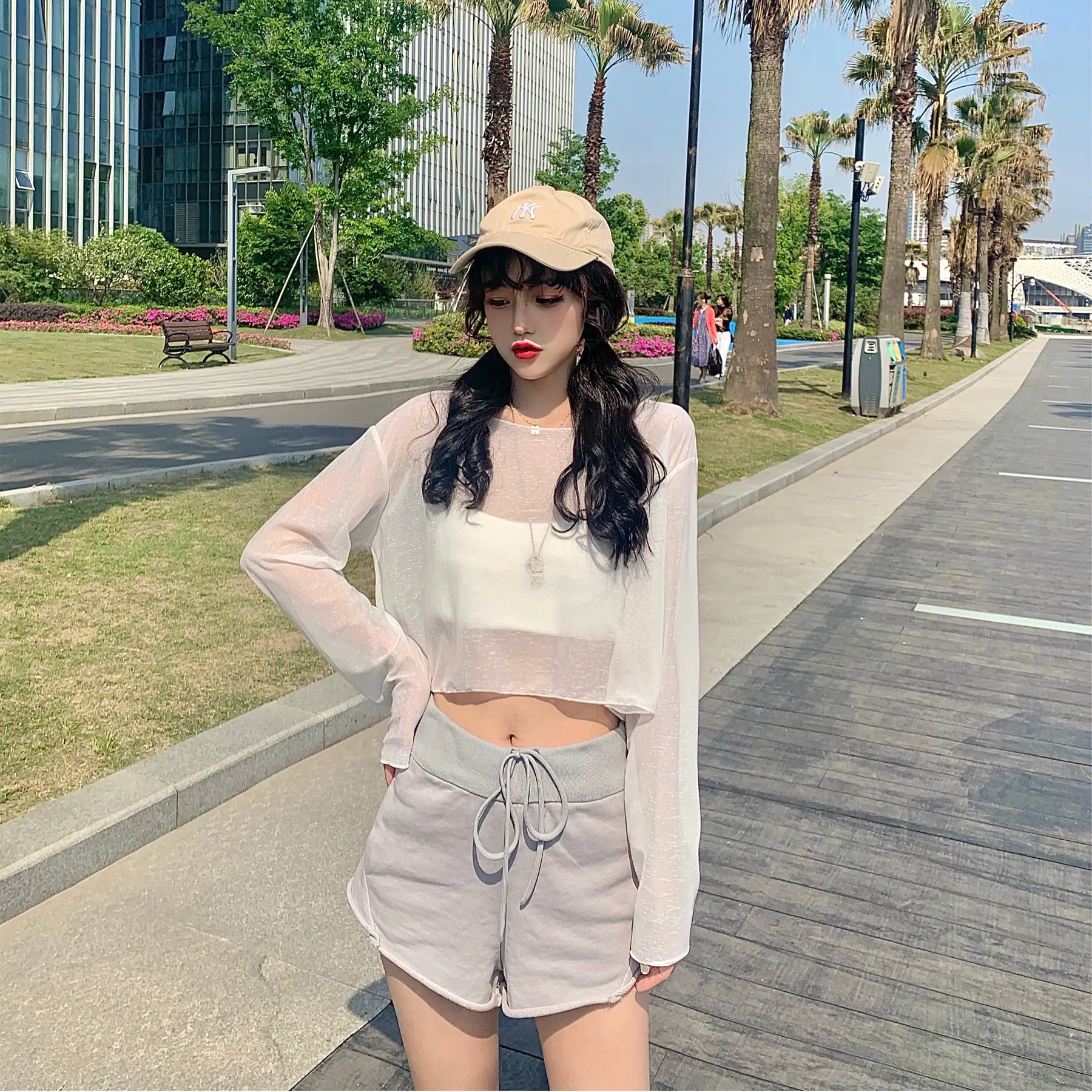 Women Ice Silk Sunscreen Top Short High Waist Navel — feature 10