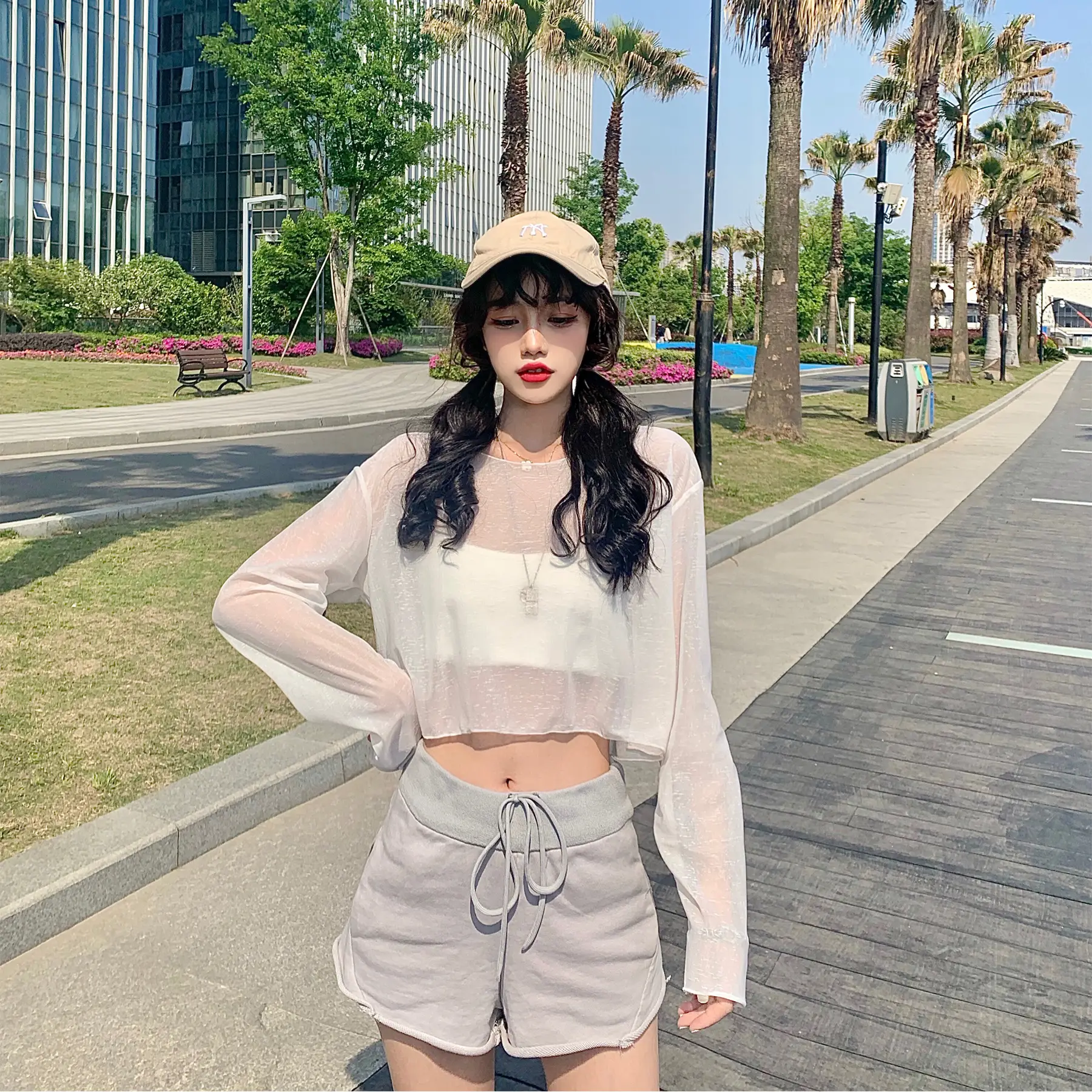 Women Ice Silk Sunscreen Top Short High Waist Navel — feature 11