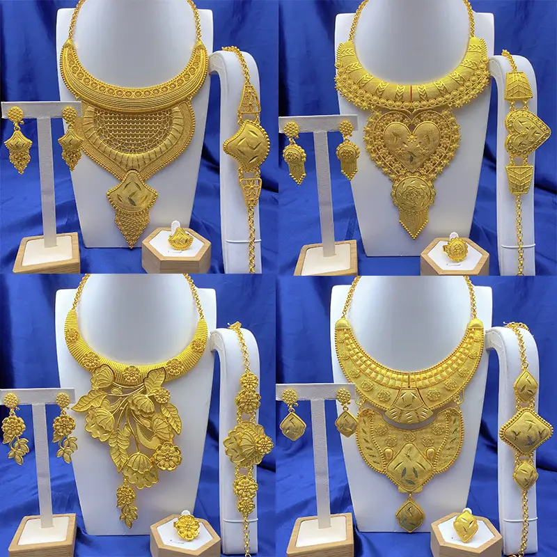 New 24k Gold Plated Dubai Bride Necklace Earrings Ring Bracelet Set India Women Jewelry Set Spot