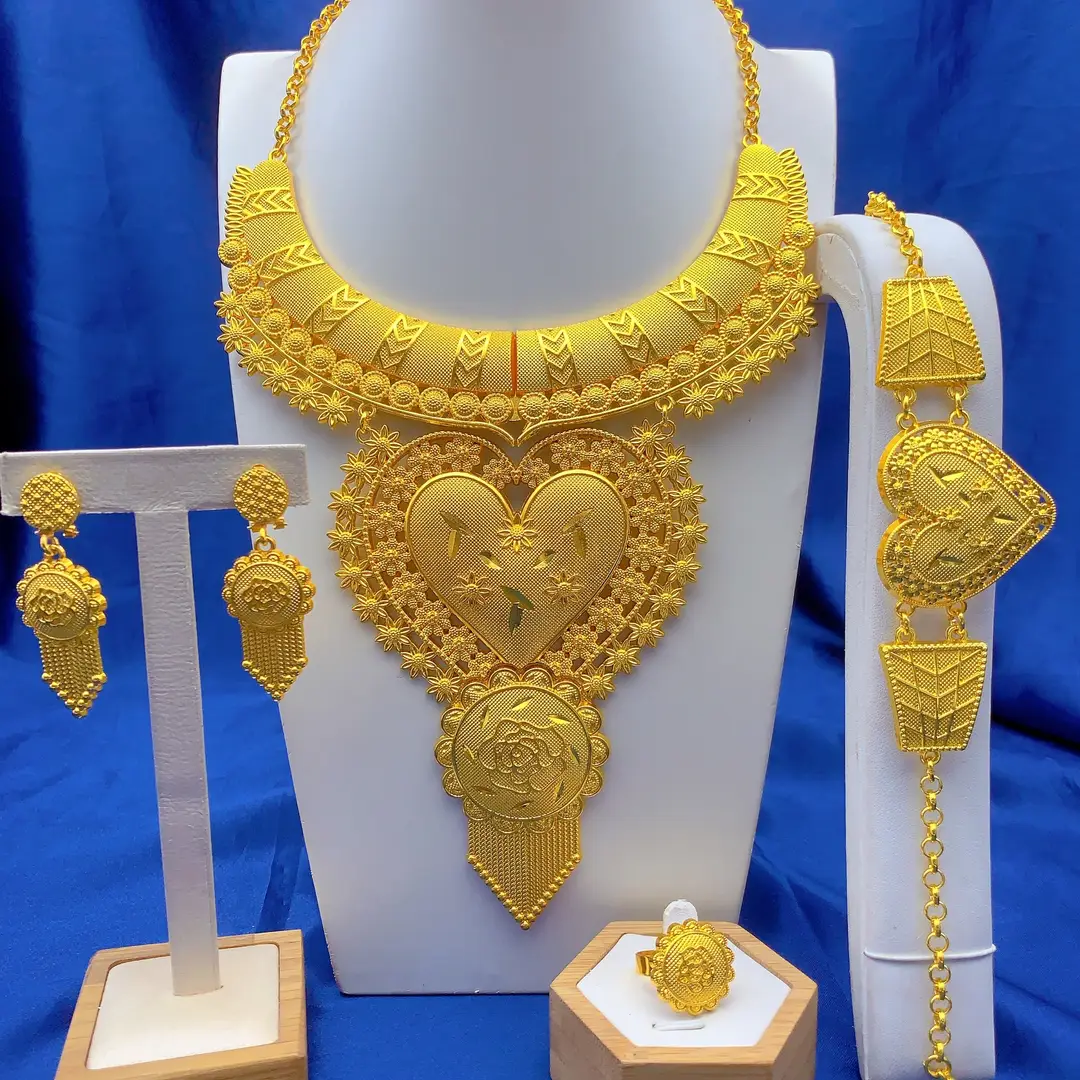 New 24k Gold Plated Dubai Bride Necklace Earrings Ring Bracelet Set India Women Jewelry Set Spot