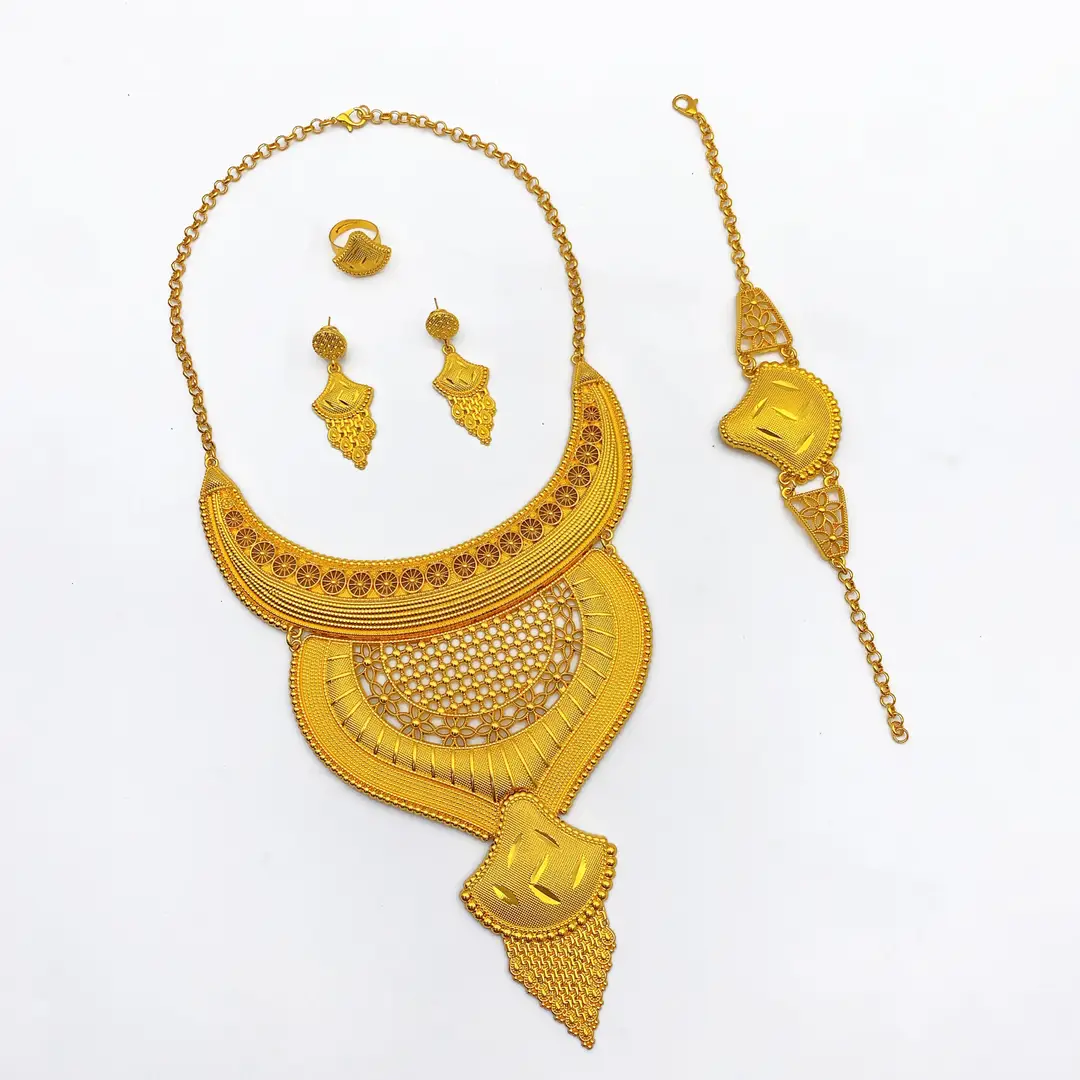 New 24k Gold Plated Dubai Bride Necklace Earrings Ring Bracelet Set India Women Jewelry Set Spot