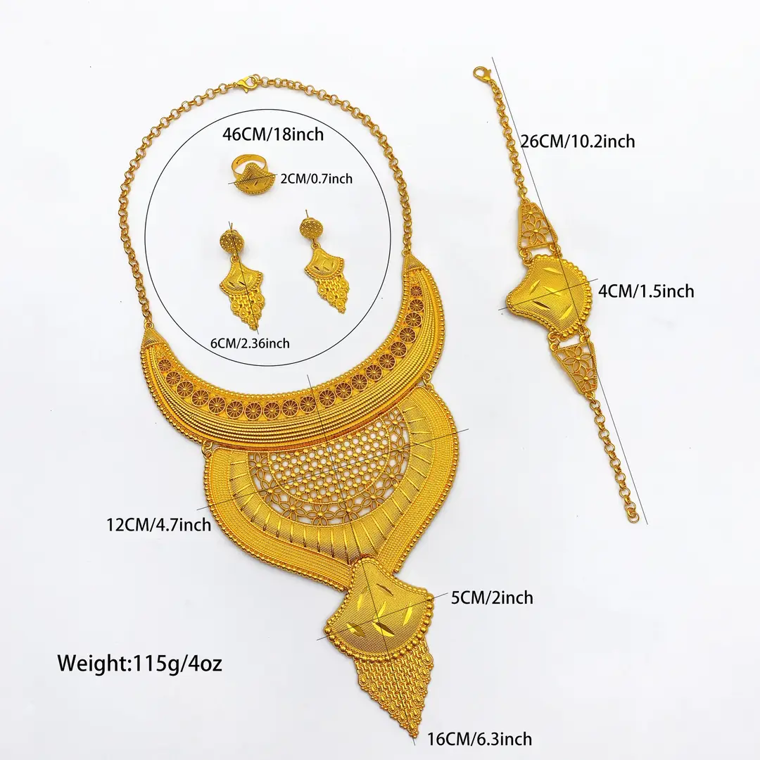 New 24k Gold Plated Dubai Bride Necklace Earrings Ring Bracelet Set India Women Jewelry Set Spot — feature 10