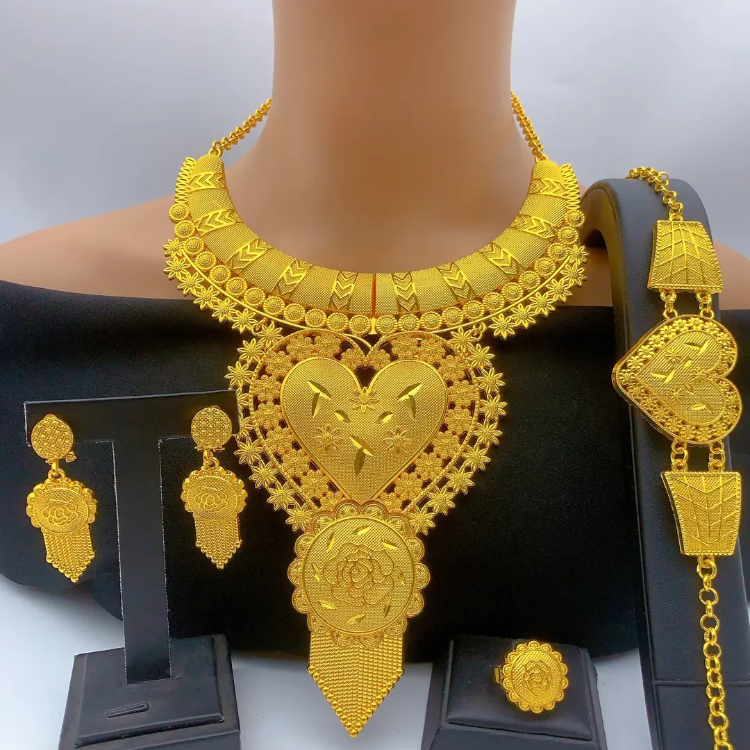 New 24k Gold Plated Dubai Bride Necklace Earrings Ring Bracelet Set India Women Jewelry Set Spot — feature 12