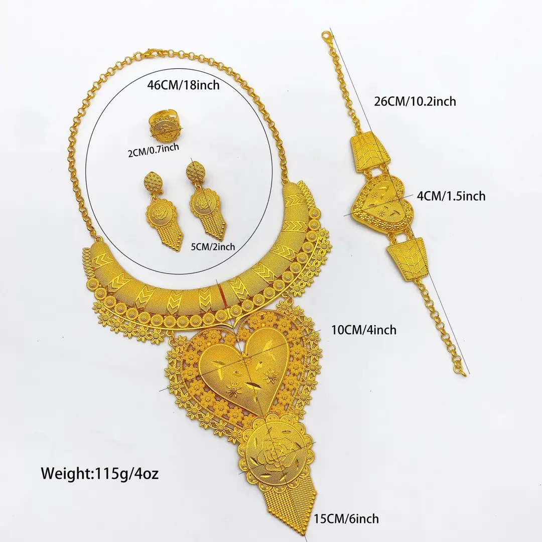 New 24k Gold Plated Dubai Bride Necklace Earrings Ring Bracelet Set India Women Jewelry Set Spot — feature 14