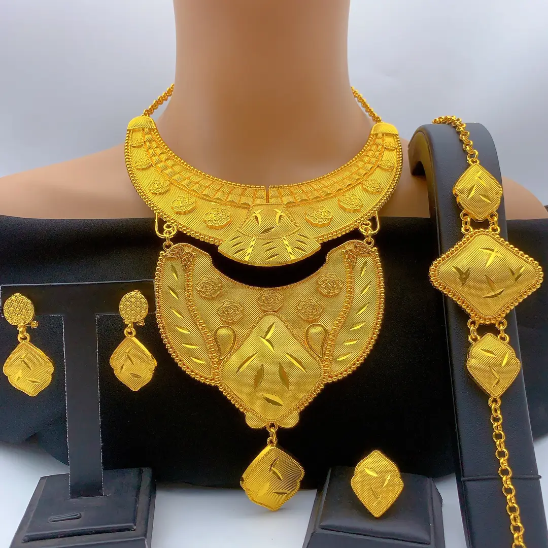 New 24k Gold Plated Dubai Bride Necklace Earrings Ring Bracelet Set India Women Jewelry Set Spot — feature 16