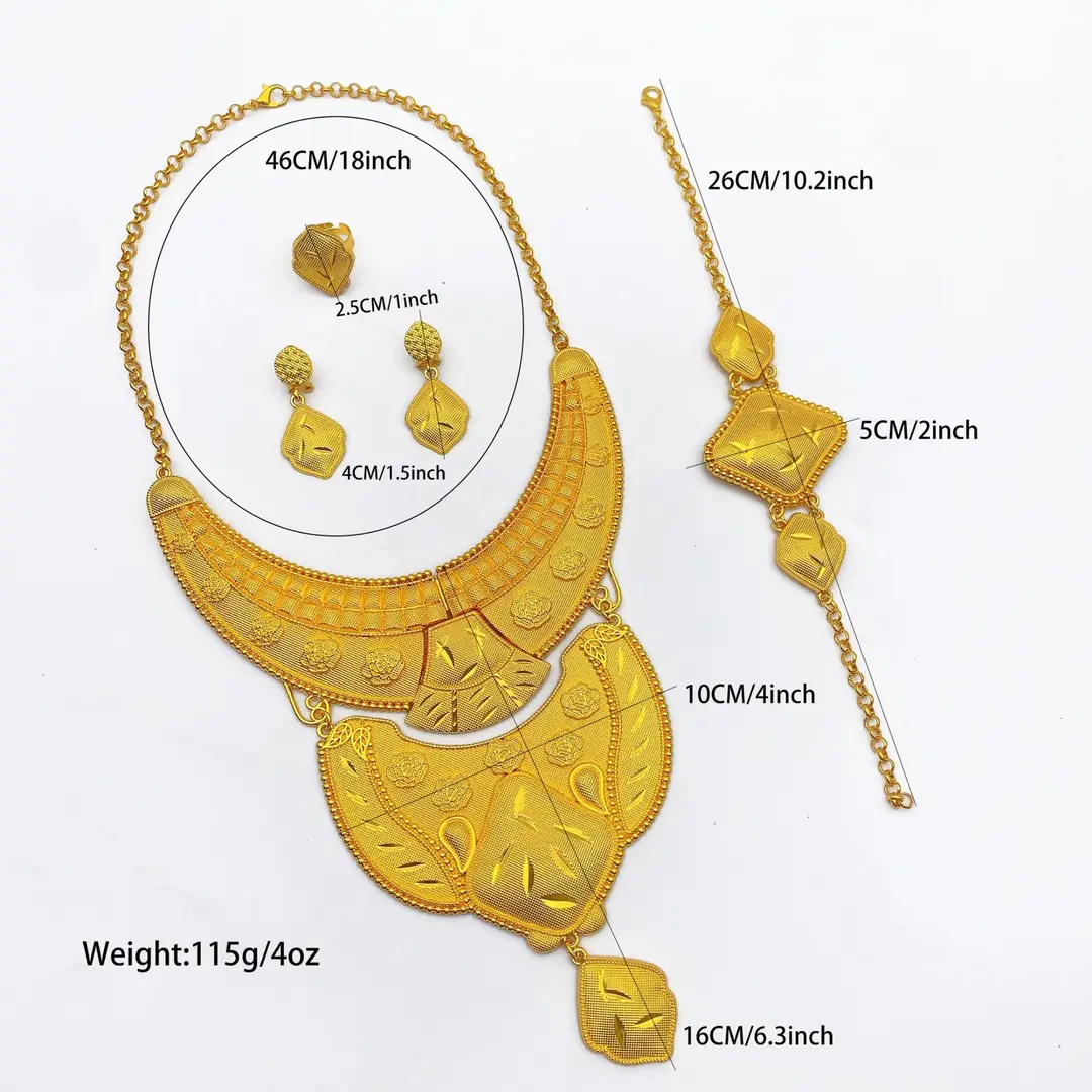 New 24k Gold Plated Dubai Bride Necklace Earrings Ring Bracelet Set India Women Jewelry Set Spot — feature 17