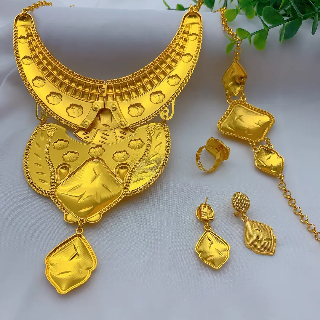 New 24k Gold Plated Dubai Bride Necklace Earrings Ring Bracelet Set India Women Jewelry Set Spot — feature 18