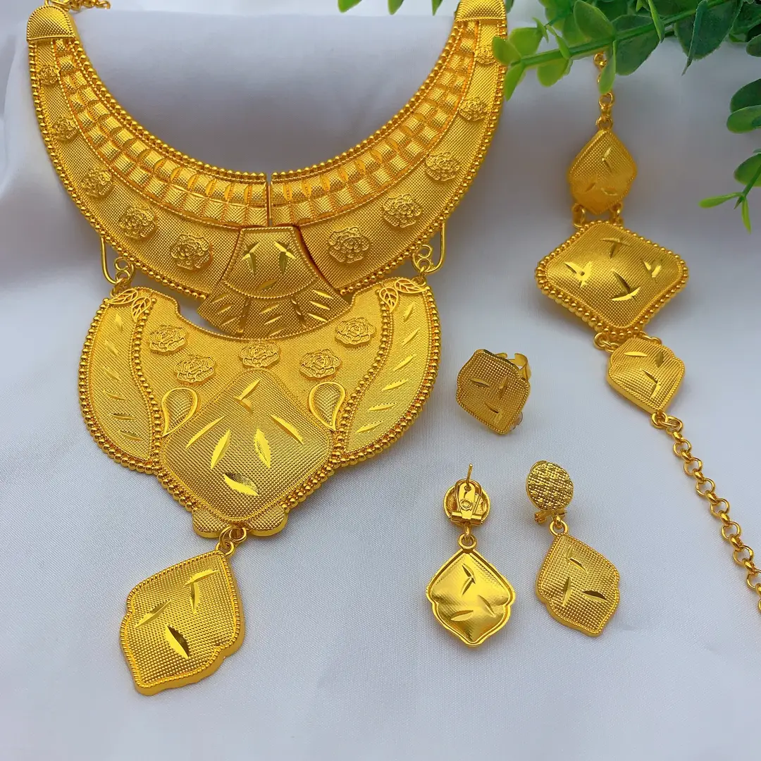 New 24k Gold Plated Dubai Bride Necklace Earrings Ring Bracelet Set India Women Jewelry Set Spot — feature 19