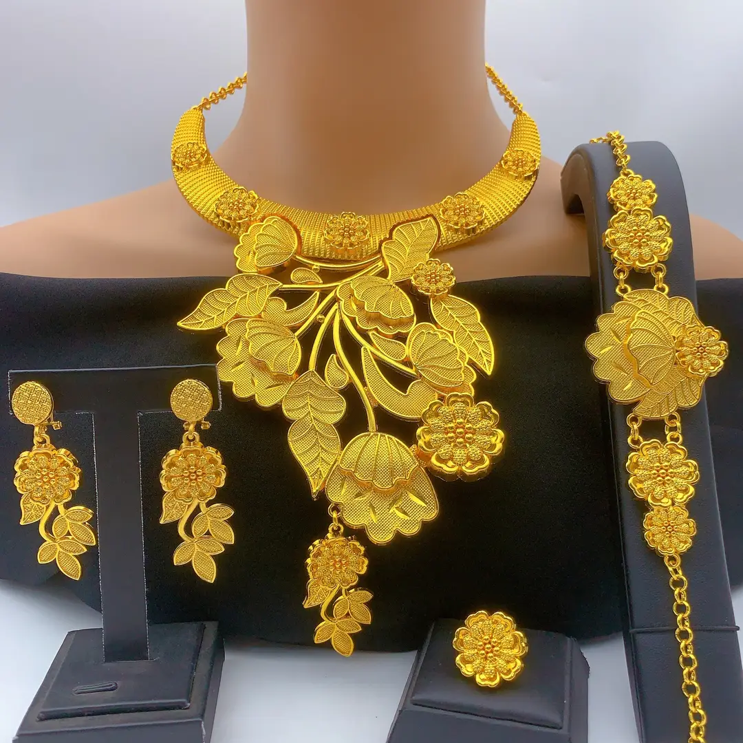 New 24k Gold Plated Dubai Bride Necklace Earrings Ring Bracelet Set India Women Jewelry Set Spot — feature 2