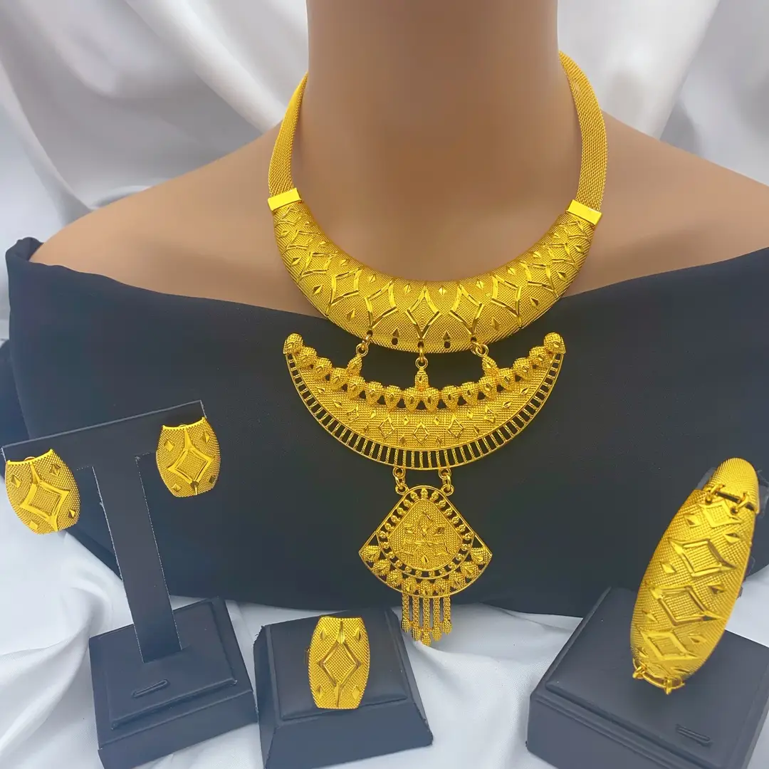 New 24k Gold Plated Dubai Bride Necklace Earrings Ring Bracelet Set India Women Jewelry Set Spot — feature 21
