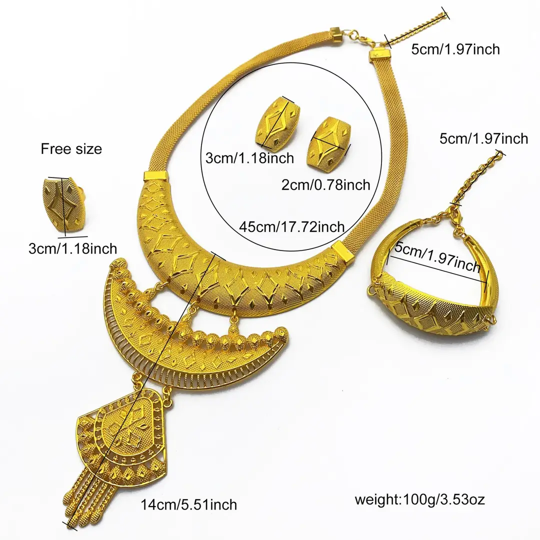 New 24k Gold Plated Dubai Bride Necklace Earrings Ring Bracelet Set India Women Jewelry Set Spot — feature 22