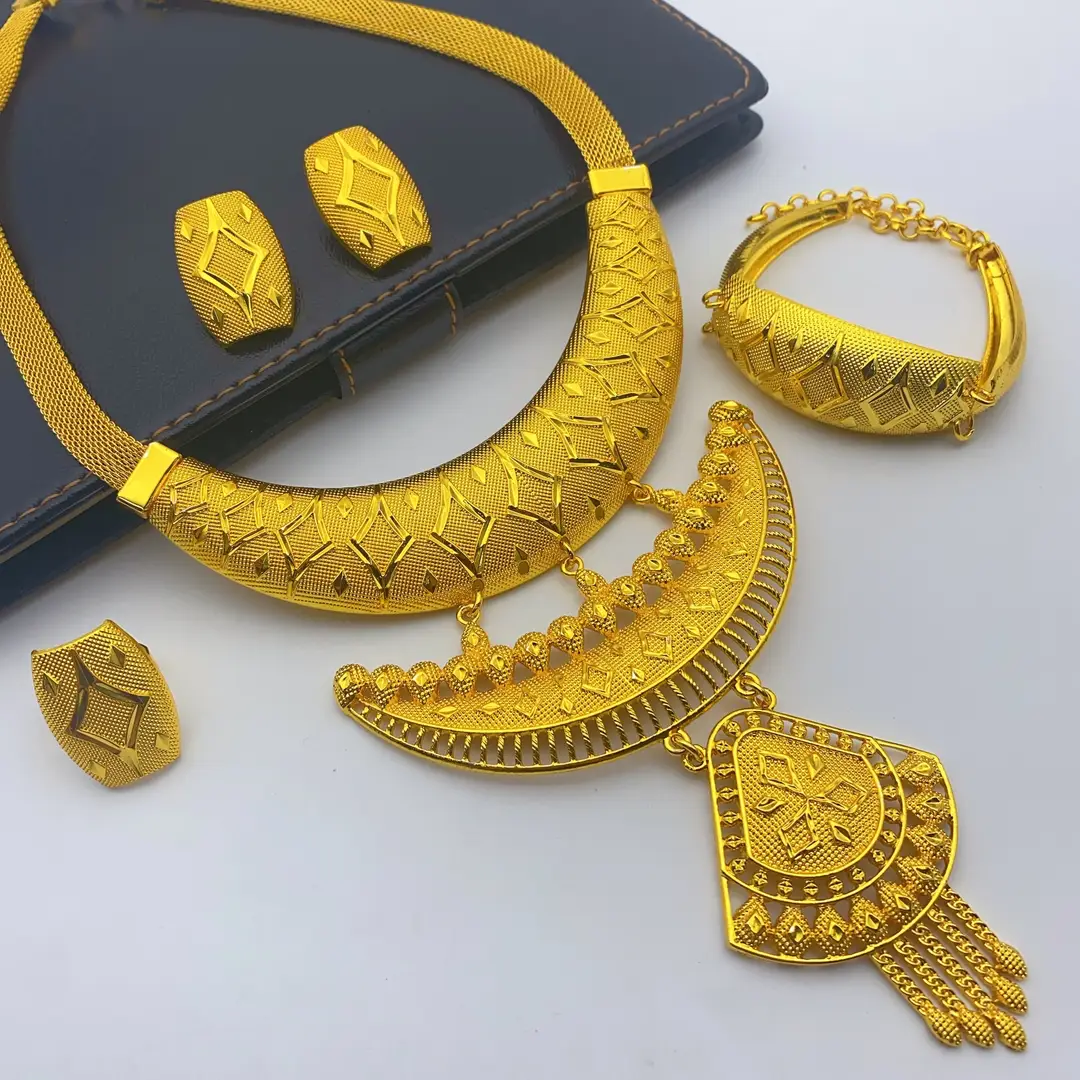 New 24k Gold Plated Dubai Bride Necklace Earrings Ring Bracelet Set India Women Jewelry Set Spot — feature 23