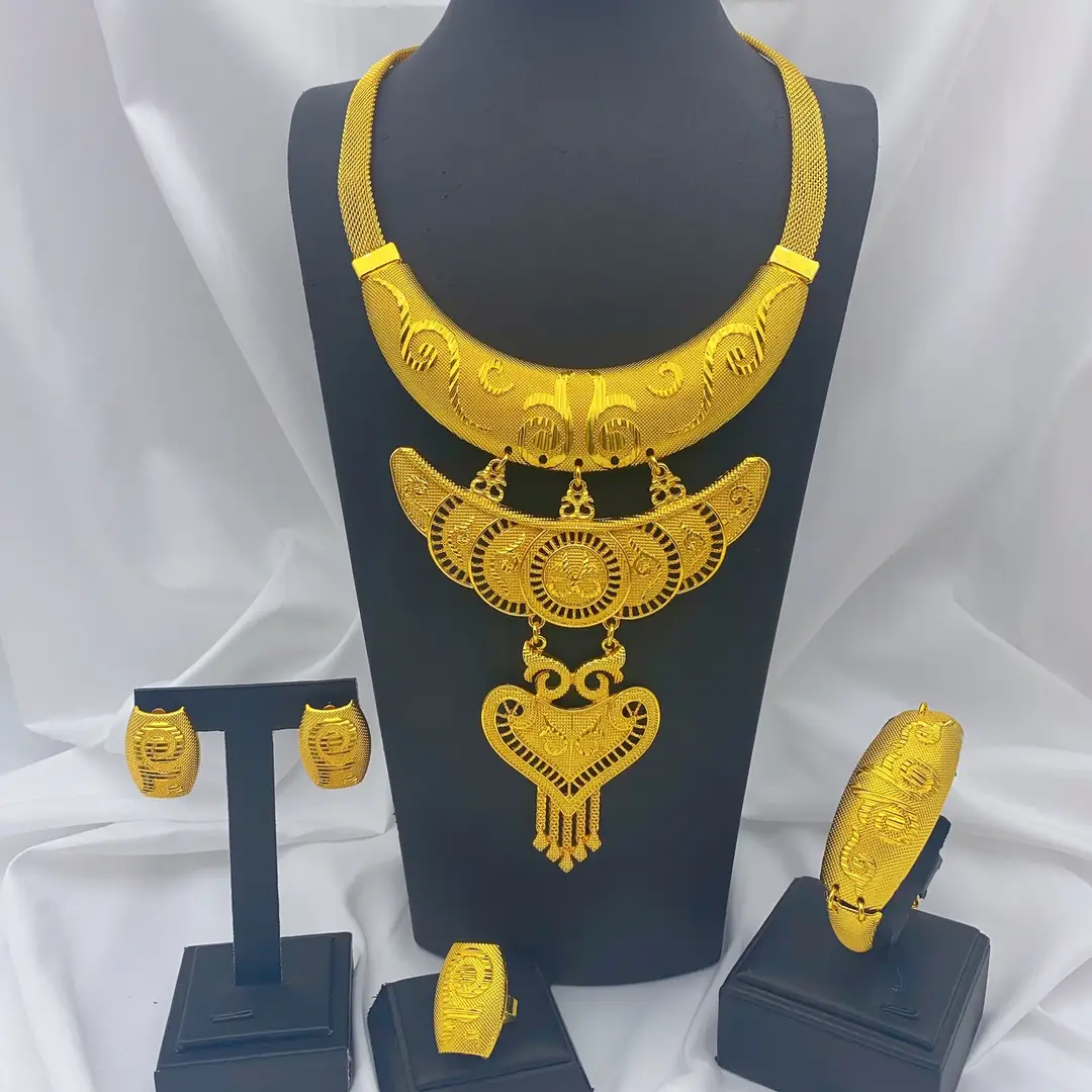 New 24k Gold Plated Dubai Bride Necklace Earrings Ring Bracelet Set India Women Jewelry Set Spot — feature 24
