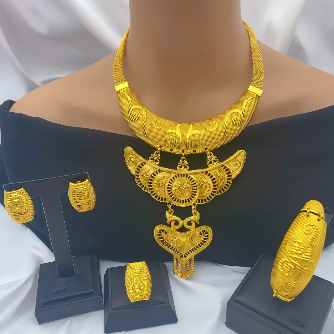 New 24k Gold Plated Dubai Bride Necklace Earrings Ring Bracelet Set India Women Jewelry Set Spot — feature 25