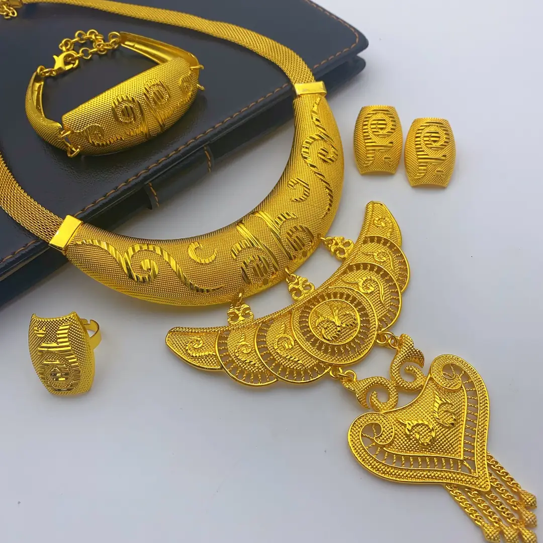 New 24k Gold Plated Dubai Bride Necklace Earrings Ring Bracelet Set India Women Jewelry Set Spot — feature 27
