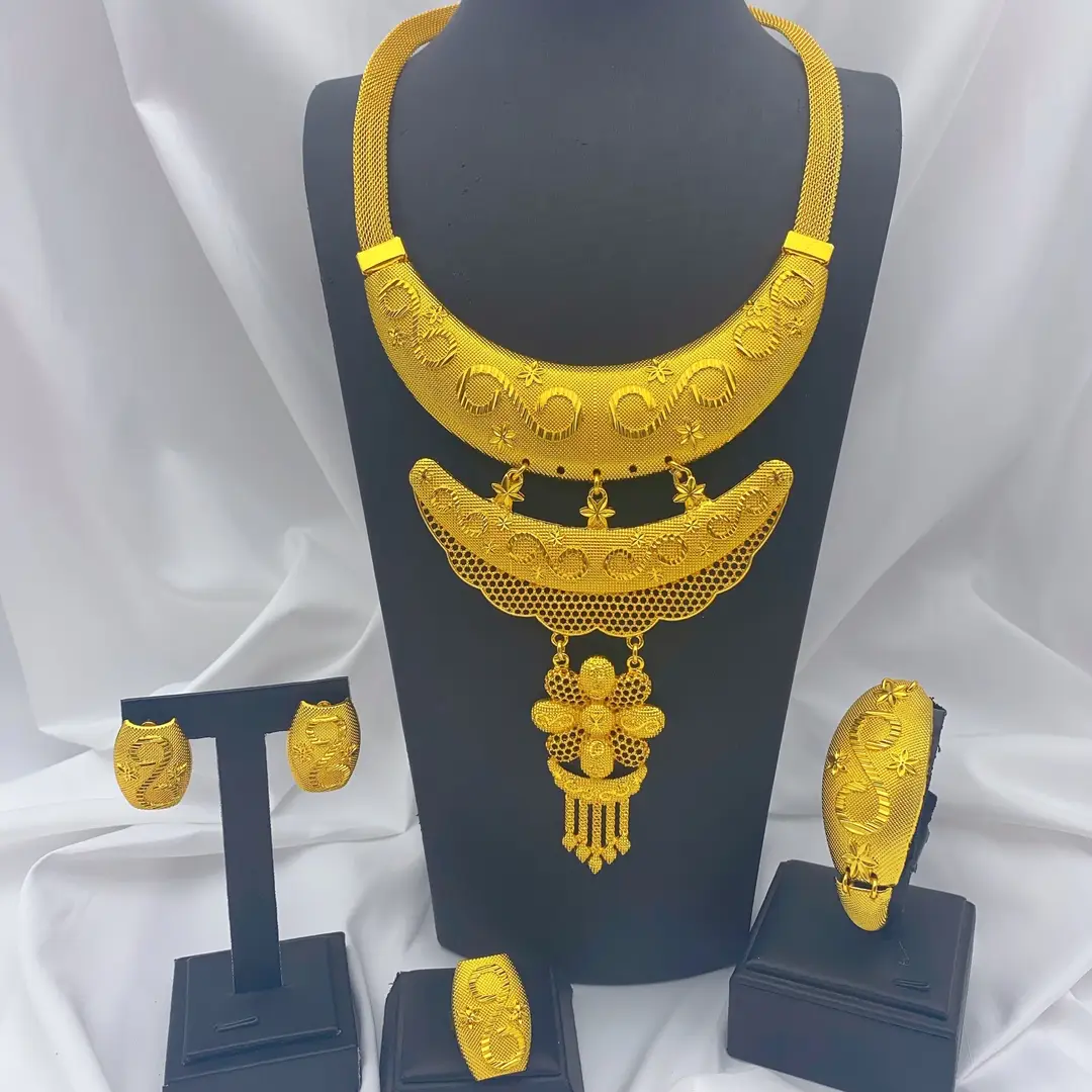 New 24k Gold Plated Dubai Bride Necklace Earrings Ring Bracelet Set India Women Jewelry Set Spot — feature 28