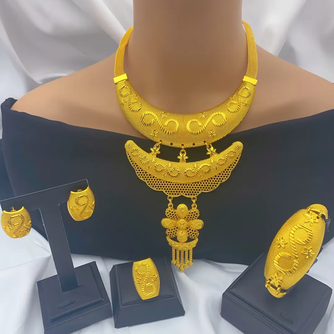 New 24k Gold Plated Dubai Bride Necklace Earrings Ring Bracelet Set India Women Jewelry Set Spot — feature 29