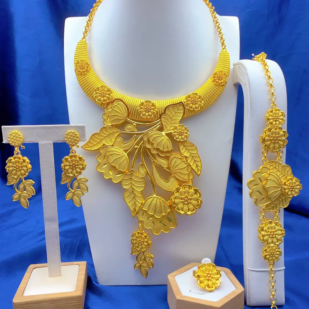 New 24k Gold Plated Dubai Bride Necklace Earrings Ring Bracelet Set India Women Jewelry Set Spot — feature 3