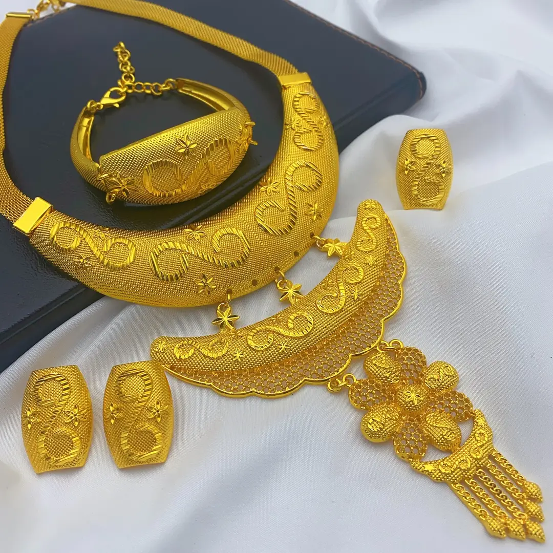 New 24k Gold Plated Dubai Bride Necklace Earrings Ring Bracelet Set India Women Jewelry Set Spot — feature 31