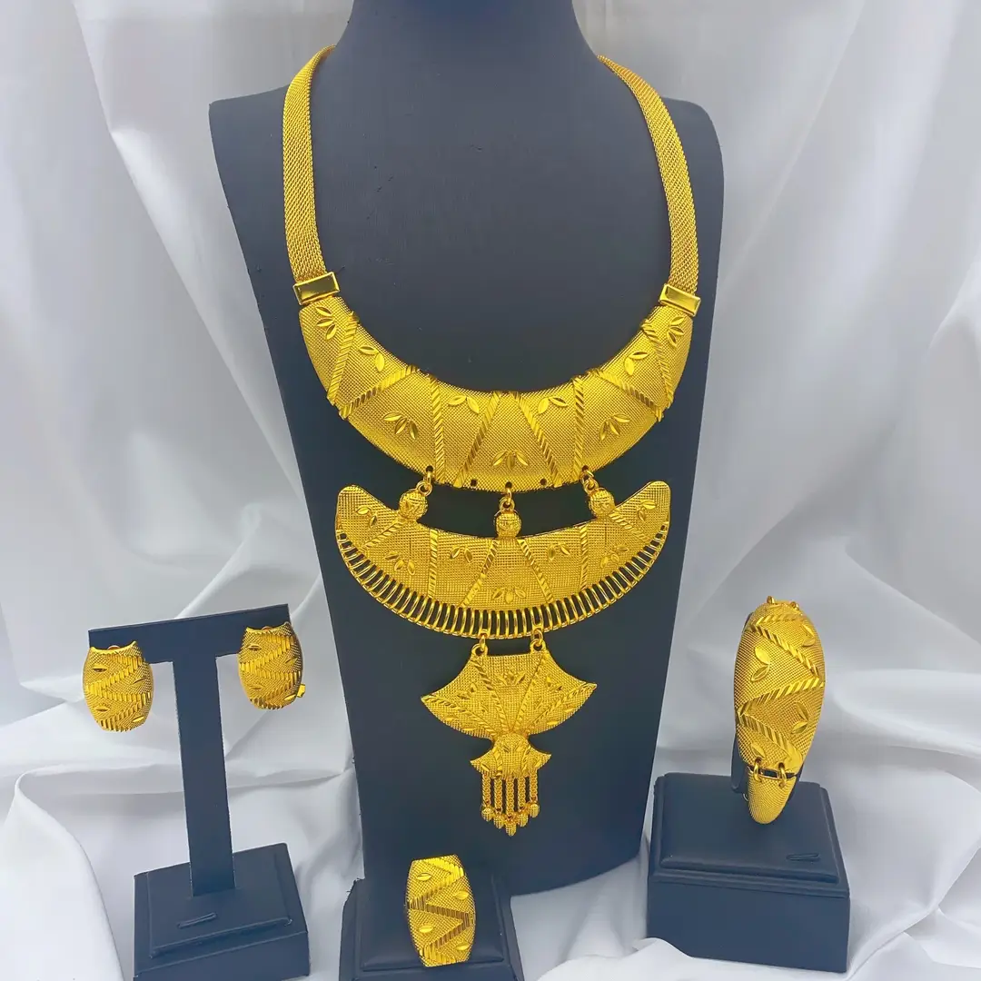 New 24k Gold Plated Dubai Bride Necklace Earrings Ring Bracelet Set India Women Jewelry Set Spot — feature 32