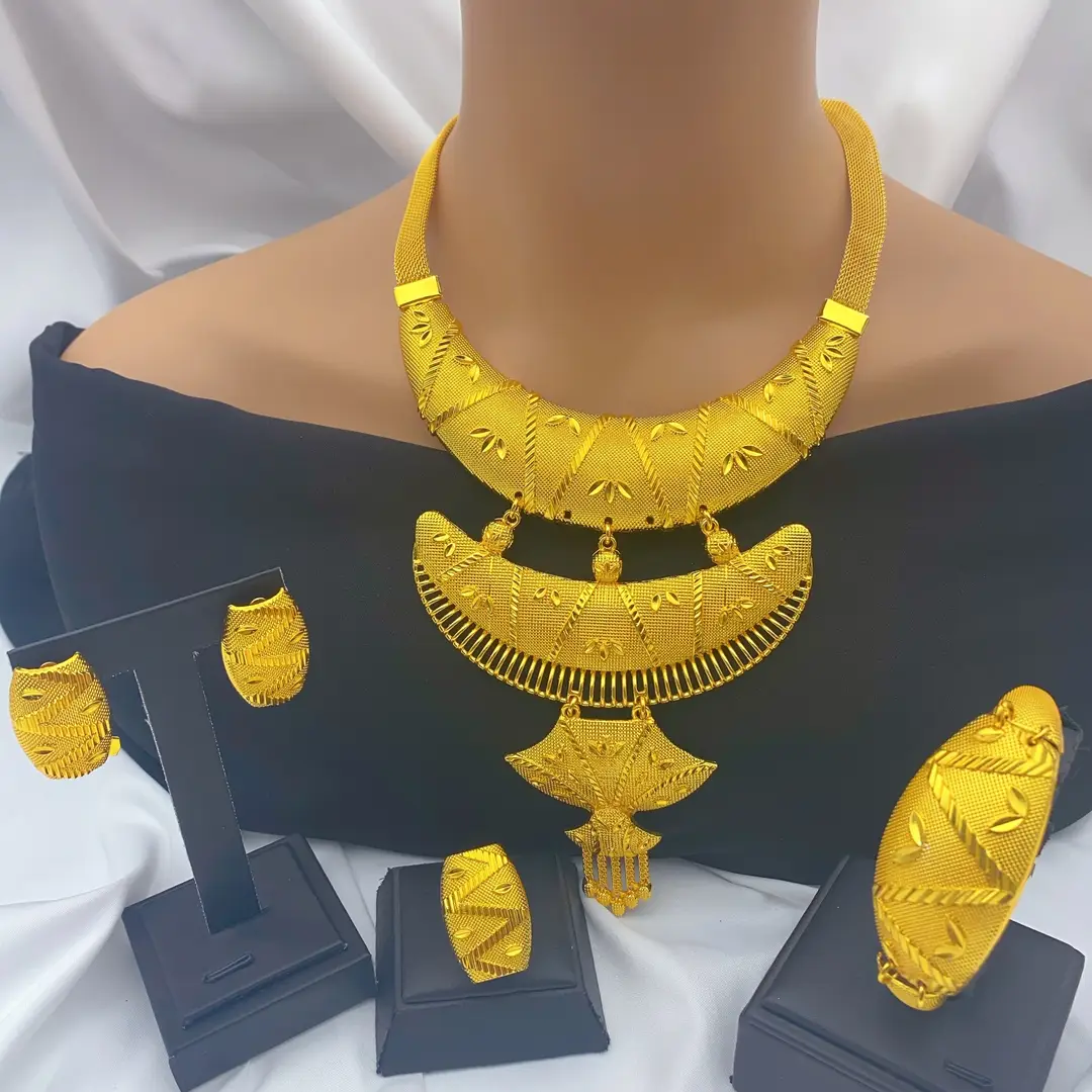 New 24k Gold Plated Dubai Bride Necklace Earrings Ring Bracelet Set India Women Jewelry Set Spot — feature 33