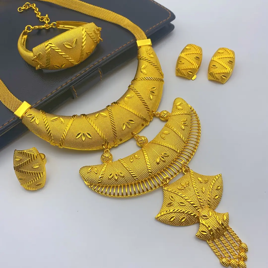 New 24k Gold Plated Dubai Bride Necklace Earrings Ring Bracelet Set India Women Jewelry Set Spot — feature 35