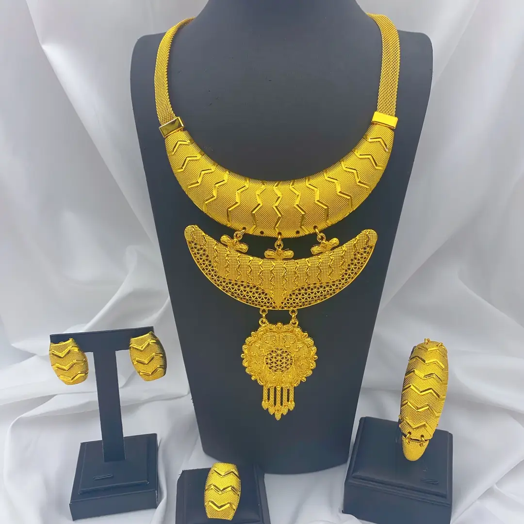 New 24k Gold Plated Dubai Bride Necklace Earrings Ring Bracelet Set India Women Jewelry Set Spot — feature 36