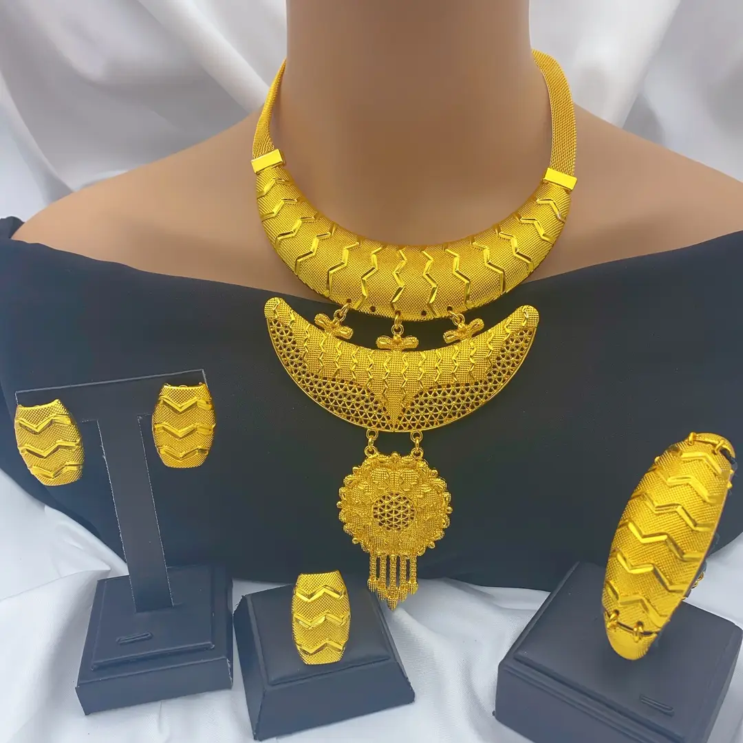 New 24k Gold Plated Dubai Bride Necklace Earrings Ring Bracelet Set India Women Jewelry Set Spot — feature 37