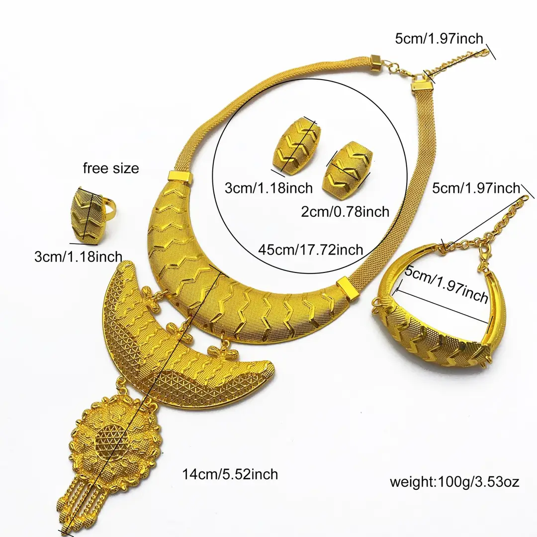 New 24k Gold Plated Dubai Bride Necklace Earrings Ring Bracelet Set India Women Jewelry Set Spot — feature 38