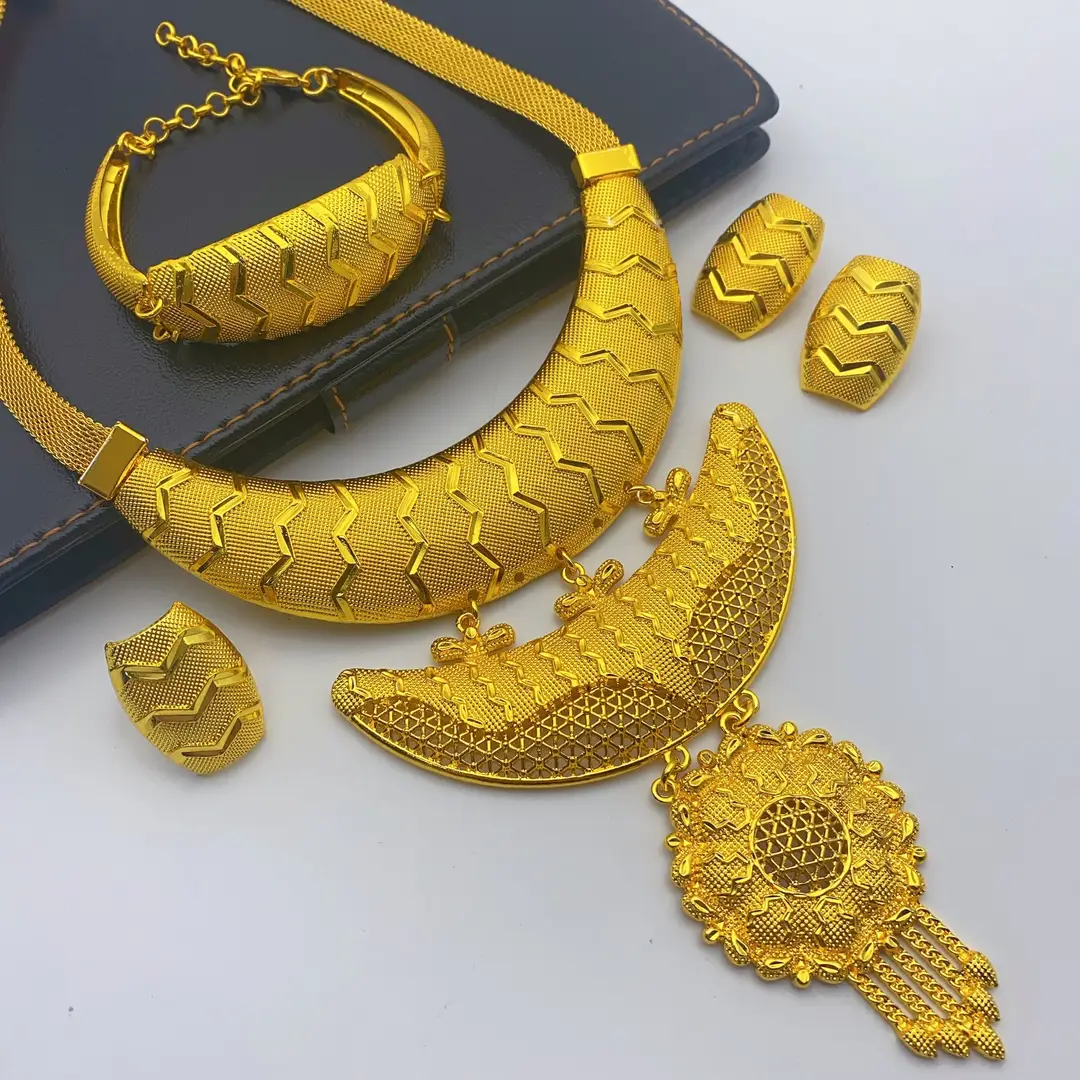 New 24k Gold Plated Dubai Bride Necklace Earrings Ring Bracelet Set India Women Jewelry Set Spot — feature 39
