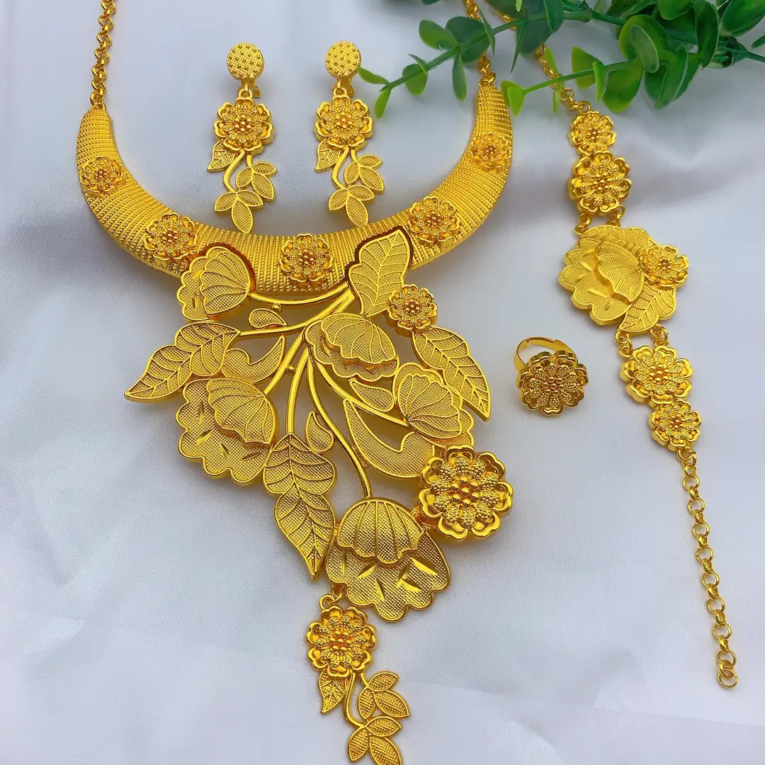 New 24k Gold Plated Dubai Bride Necklace Earrings Ring Bracelet Set India Women Jewelry Set Spot — feature 4
