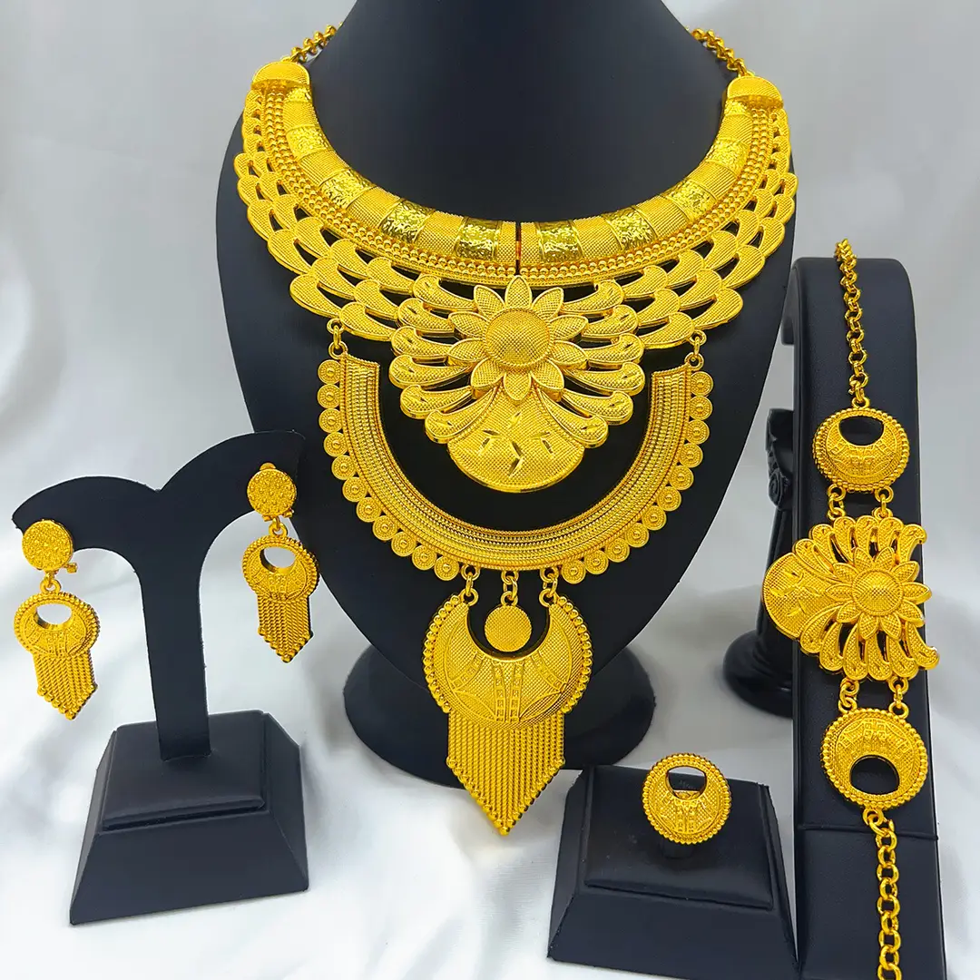 New 24k Gold Plated Dubai Bride Necklace Earrings Ring Bracelet Set India Women Jewelry Set Spot — feature 48