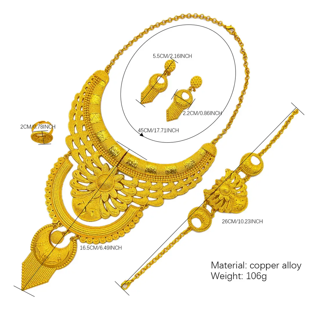 New 24k Gold Plated Dubai Bride Necklace Earrings Ring Bracelet Set India Women Jewelry Set Spot — feature 49