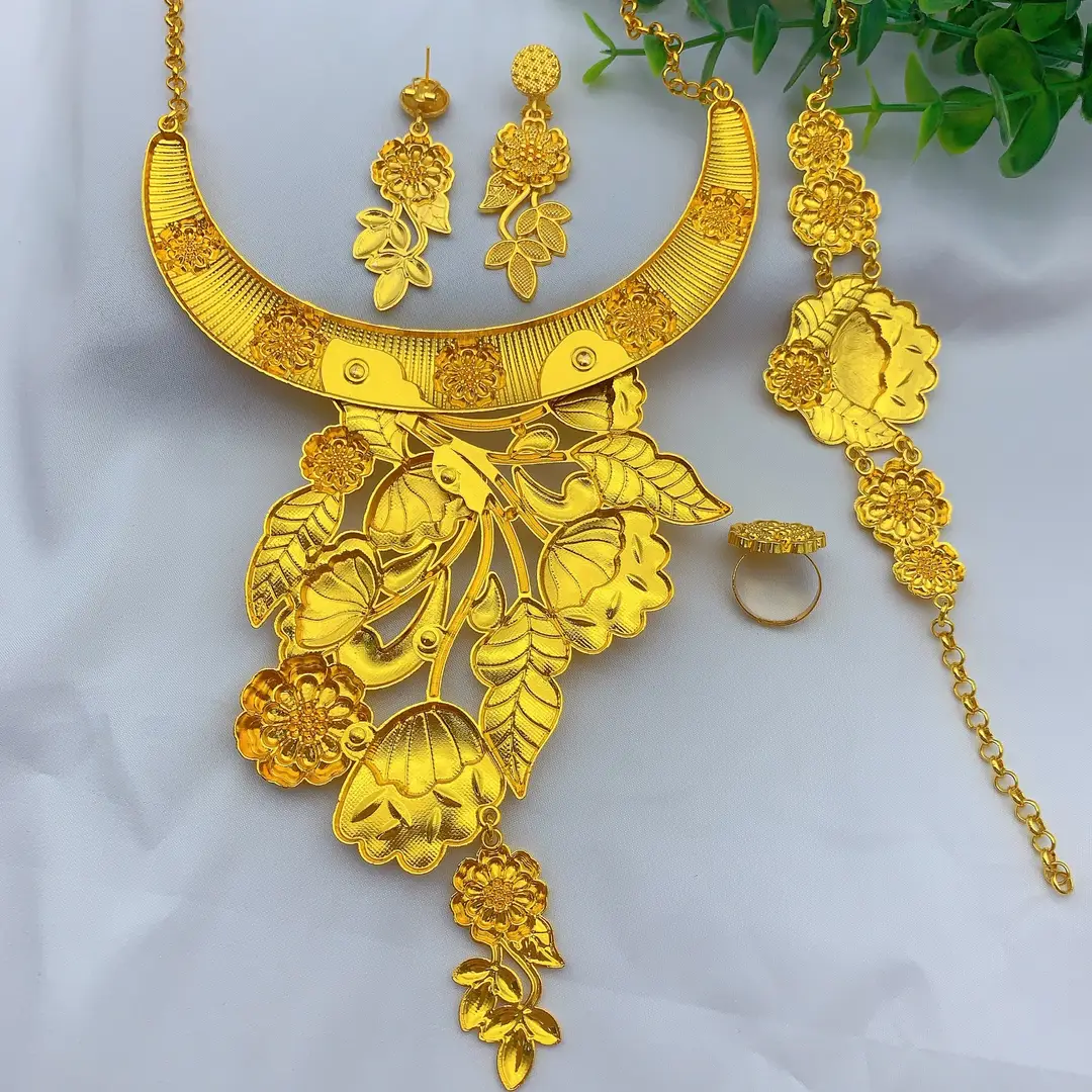 New 24k Gold Plated Dubai Bride Necklace Earrings Ring Bracelet Set India Women Jewelry Set Spot — feature 5