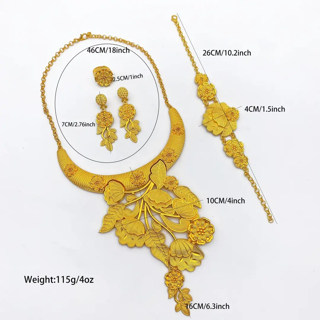 New 24k Gold Plated Dubai Bride Necklace Earrings Ring Bracelet Set India Women Jewelry Set Spot — feature 6