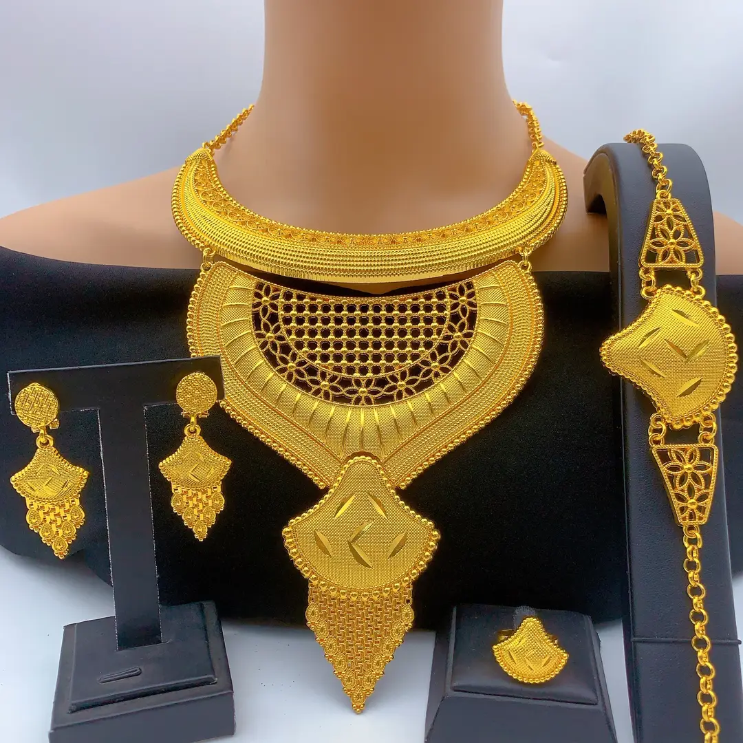 New 24k Gold Plated Dubai Bride Necklace Earrings Ring Bracelet Set India Women Jewelry Set Spot — feature 8