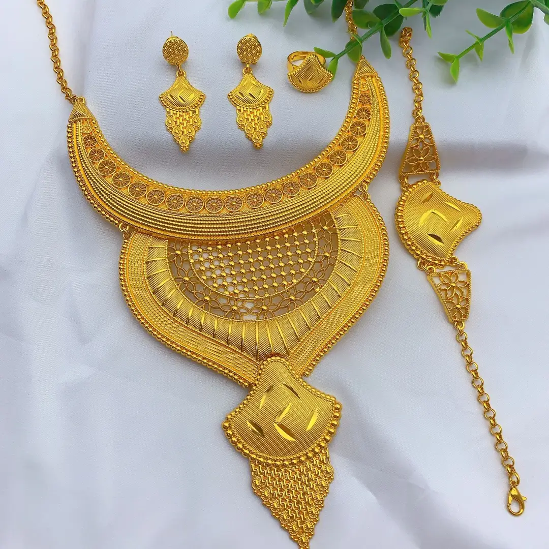 New 24k Gold Plated Dubai Bride Necklace Earrings Ring Bracelet Set India Women Jewelry Set Spot — feature 9
