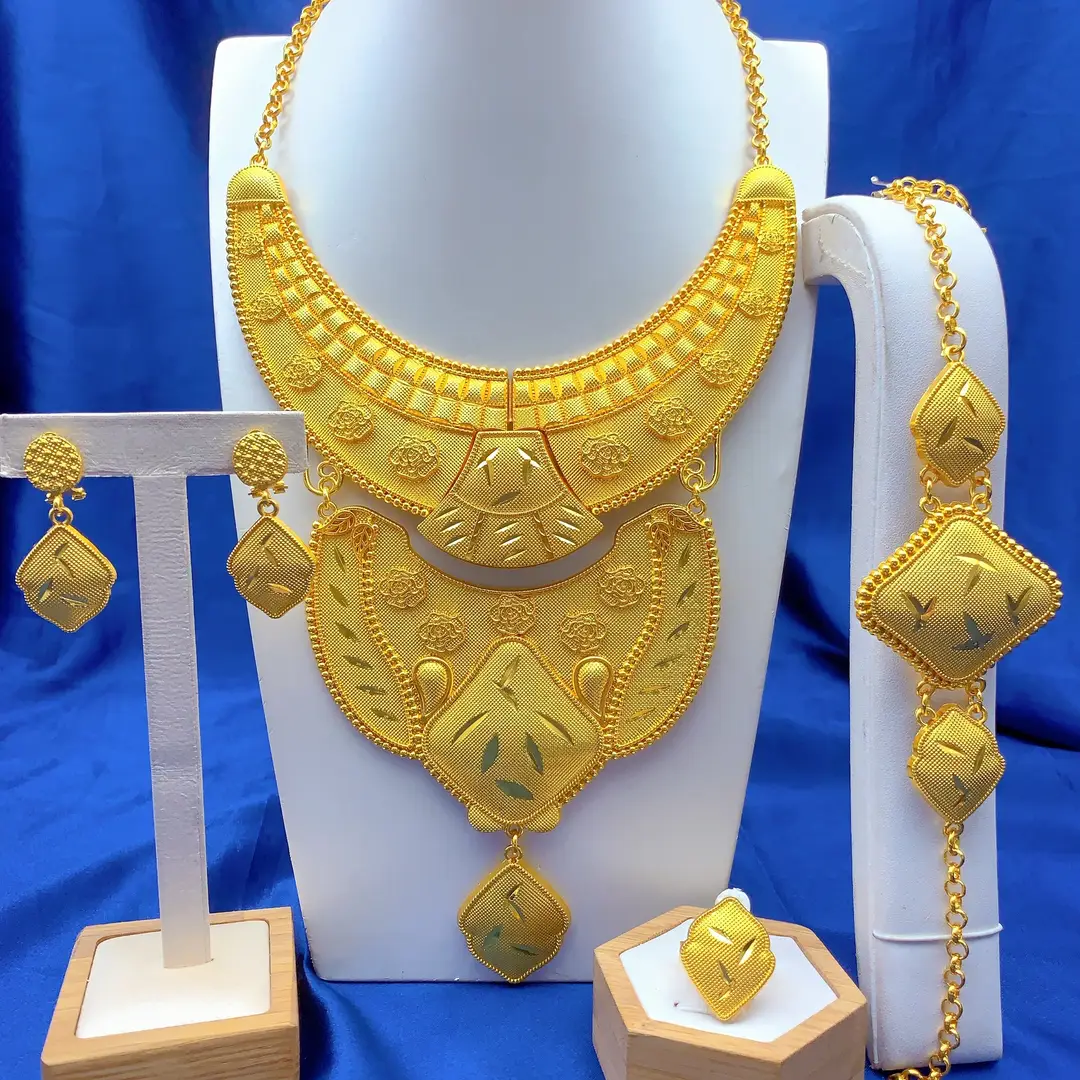 New 24k Gold Plated Dubai Bride Necklace Earrings Ring Bracelet Set India Women Jewelry Set Spot