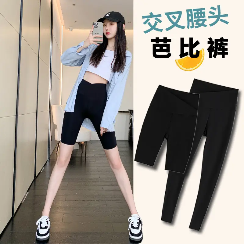 Women Thin Summer Shark Leggings Cross Waist Black - Image 6