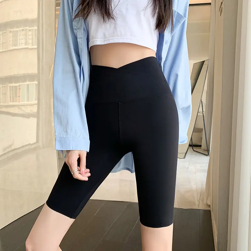 Women Thin Summer Shark Leggings Cross Waist Black - Image 8